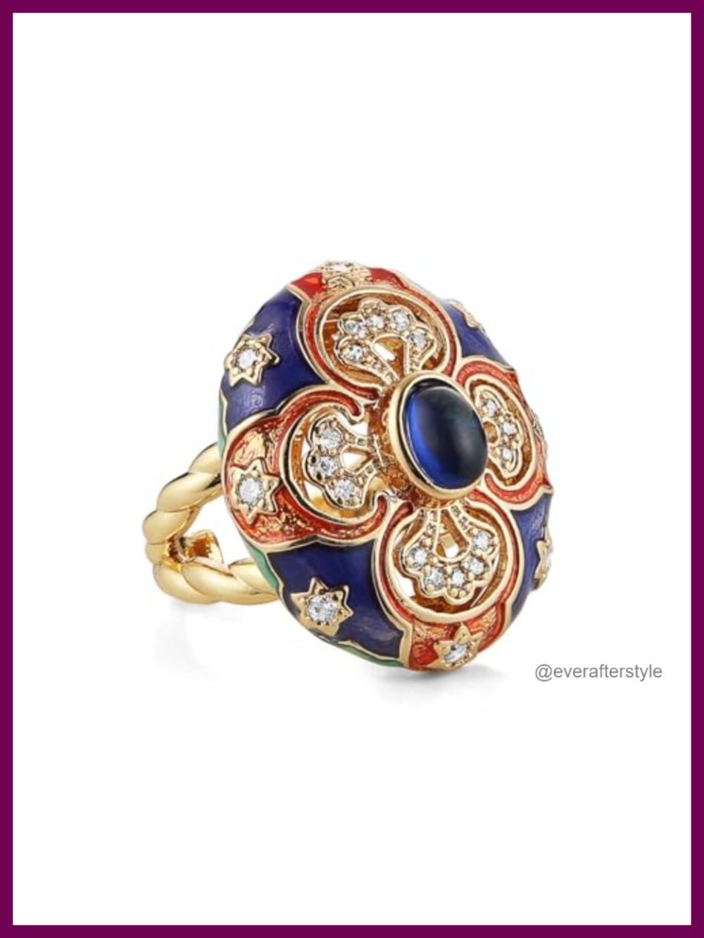 Adjustable Open Ring Brass Enamel Crystal Statement Jewelry